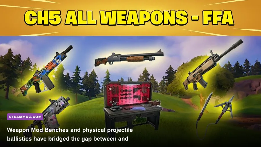 Customizing a firearm at a weapon mod bench inside a Fortnite bunker