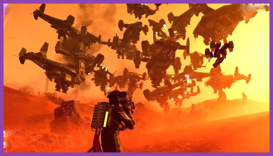 Four Helldivers coordinating an Orbital Precision Strike