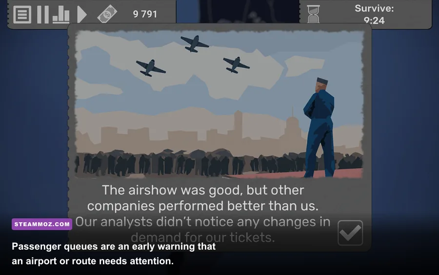 Fly Corp airport overloaded with passengers and warning indicators