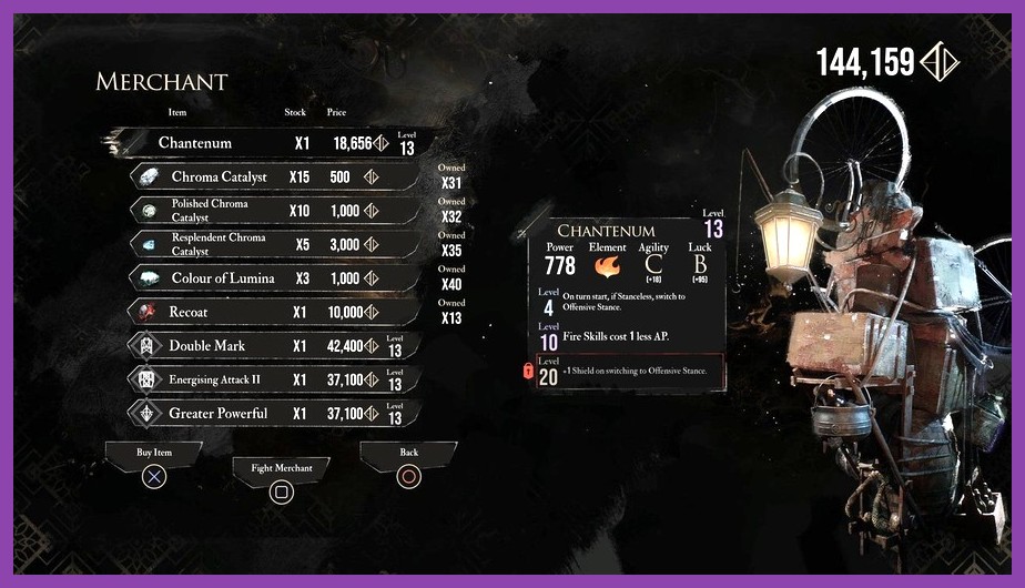 Merchant dialogue window in Clair Obscur Expedition 33 for selling gear and materials