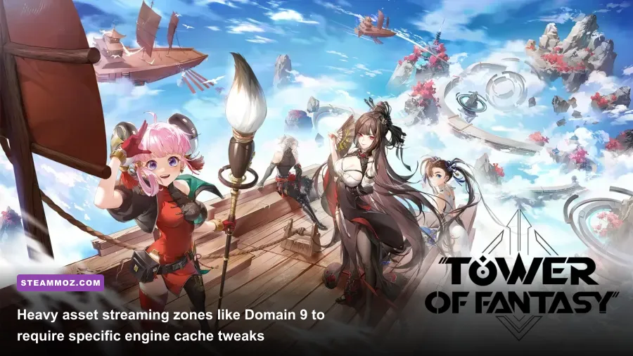 Player soaring through the skies of Ignisville in Domain 9 in Tower of Fantasy
