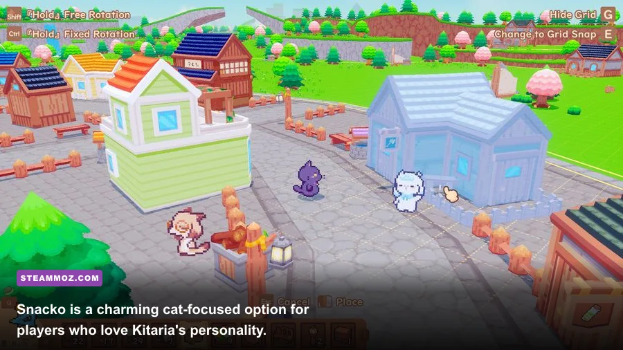Snacko gameplay showing a cat character building and farming on an island