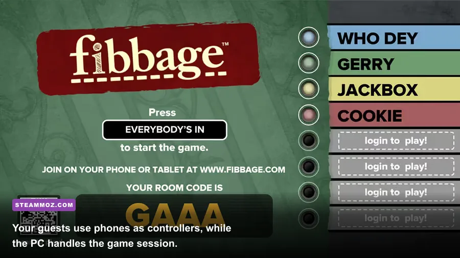 Friends playing Fibbage XL multiplayer on a television with phones as controllers