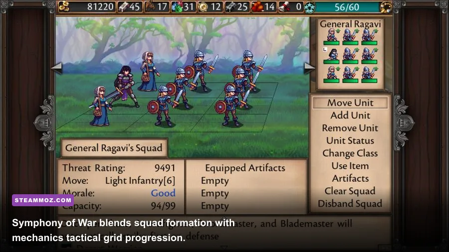 Symphony of War squad setup screen showing unit grid placement and army composition