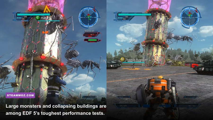 Earth Defense Force 5 giant monster attacking buildings during a large-scale mission
