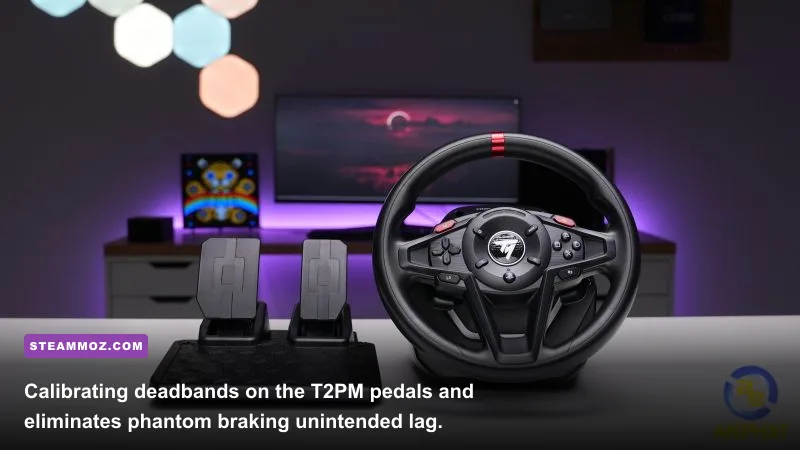 Thrustmaster T2PM magnetic pedal set resting on a carpeted floor under a racing desk