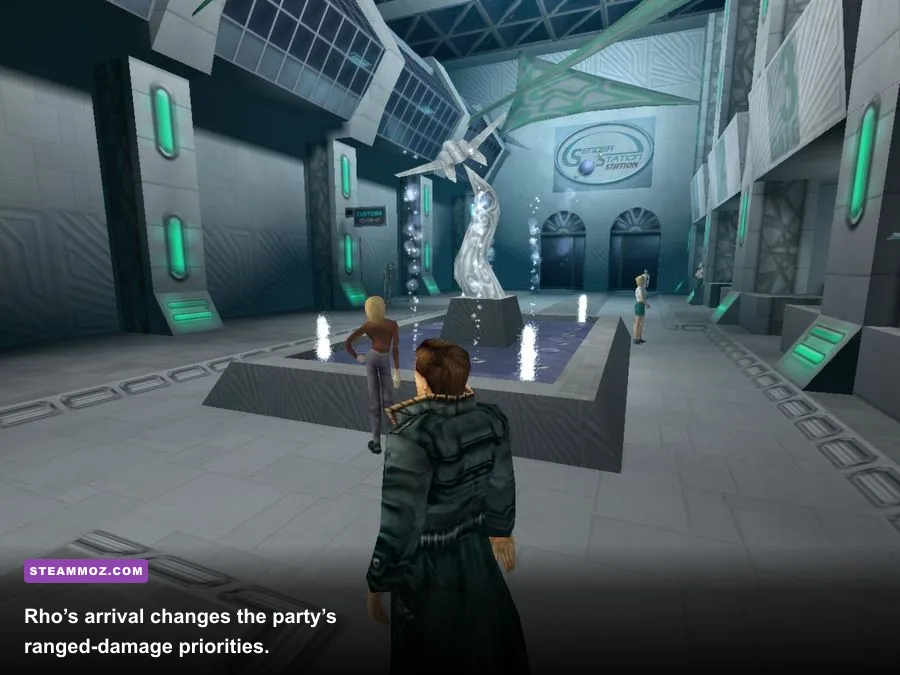 Rho Bowman and the party aboard a space station in Anachronox