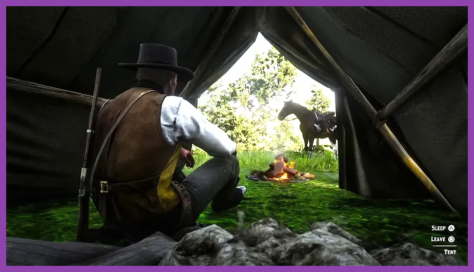 Arthur Morgan wilderness camp and horse in Red Dead Redemption 2
