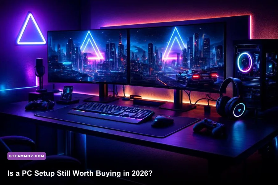 Modern gaming PC setup with dual monitors and powerful graphics card