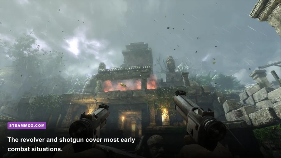 Deadfall Adventures player using the revolver and shotgun against enemies