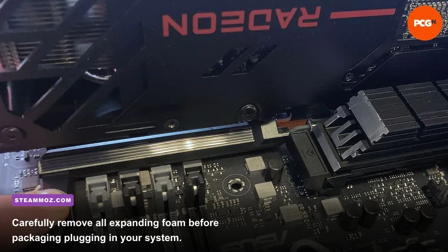 Expanding packaging foam inside a prebuilt gaming desktop protecting the graphics card