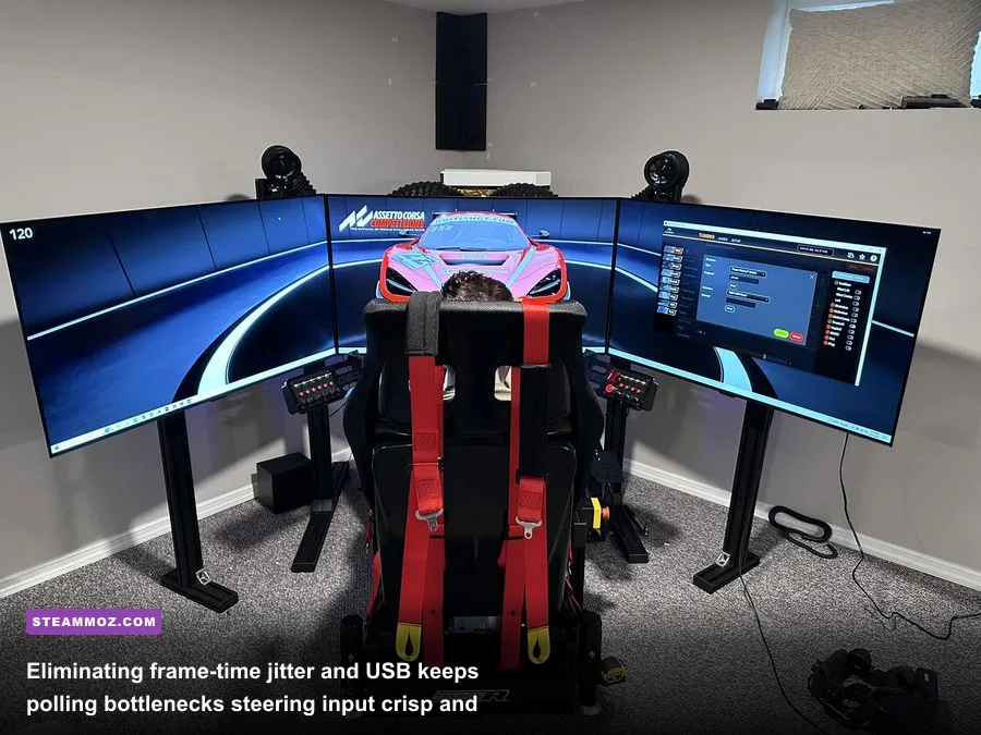 High refresh rate sim racing monitor displaying responsive steering input without latency
