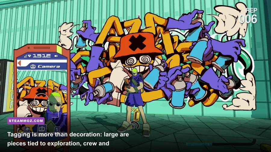 Bomb Rush Cyberfunk graffiti tagging sequence on a large wall