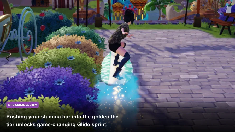 Player character gliding across the valley with a glowing golden energy bar