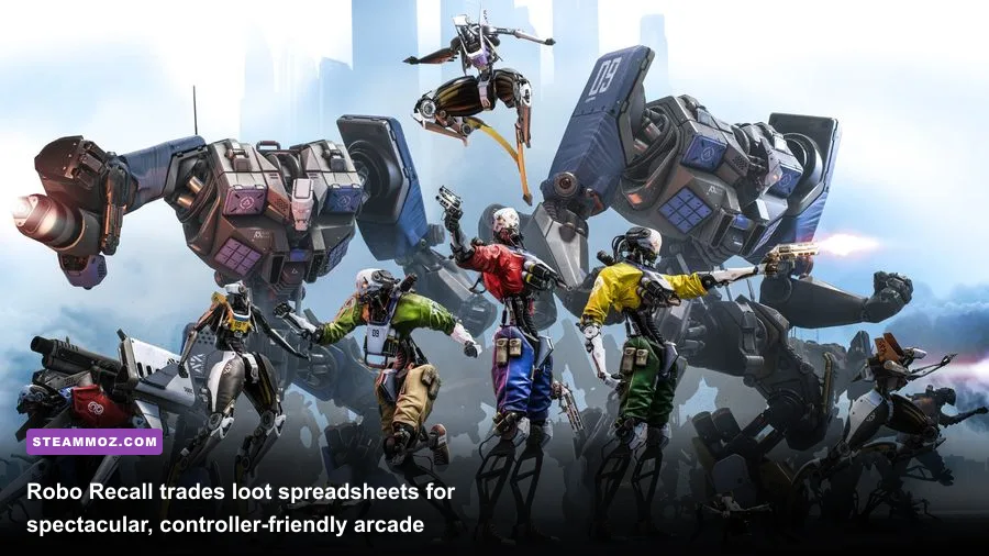 Robo Recall VR gameplay showing a player tearing apart robots in a futuristic warehouse