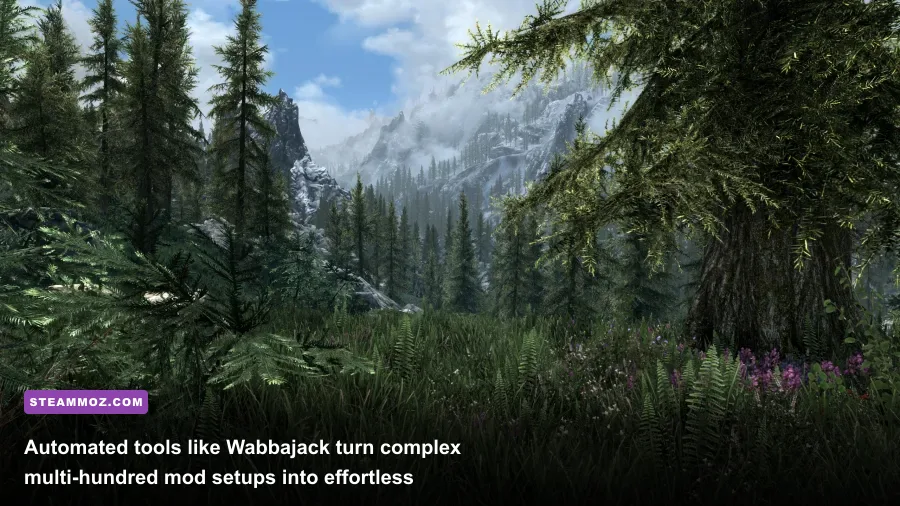 Heavily modded Skyrim forest landscape using automated Wabbajack installer profiles