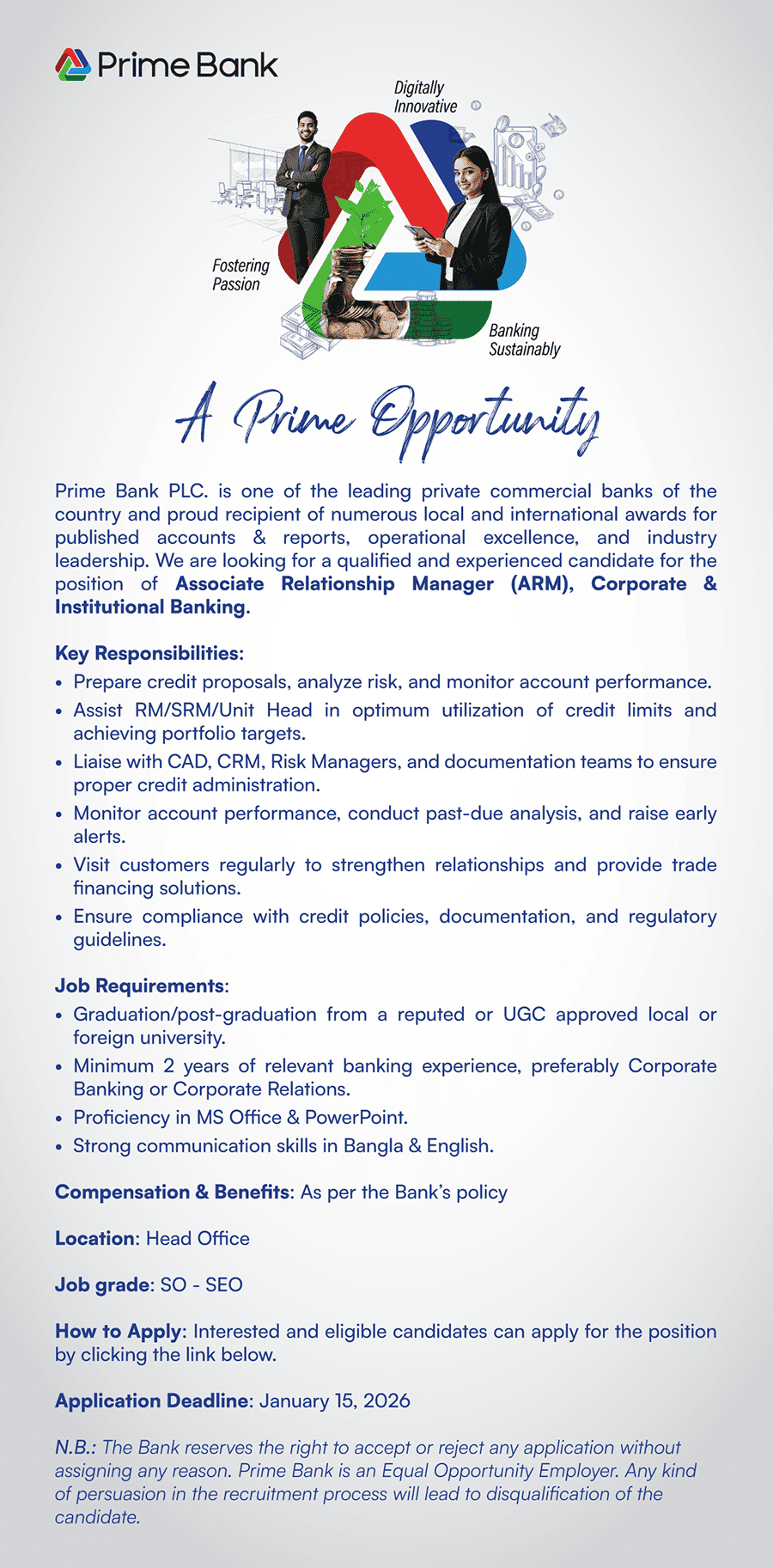 Prime Bank PLC Job Circular 2026 - www.primebank.com.bd