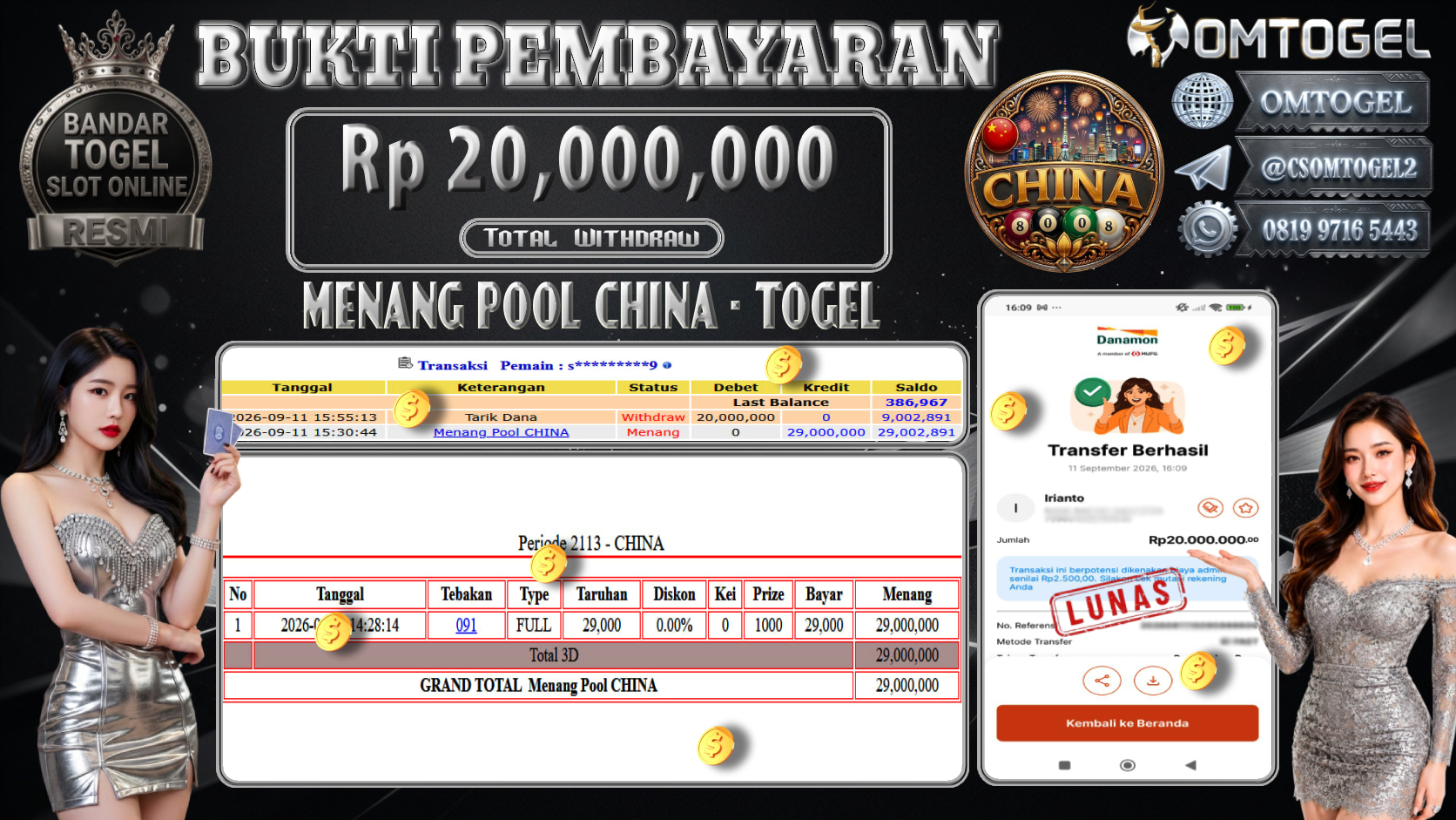 OMTOGEL JACKPOT MENANG TOGEL CHINA Rp.20,000,000,- DIBAYAR LUNAS