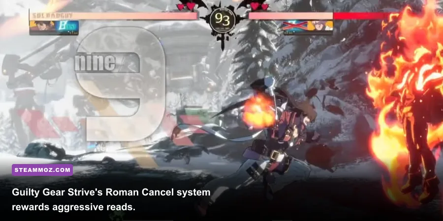 Guilty Gear Strive Sol Badguy executing a Roman Cancel combo