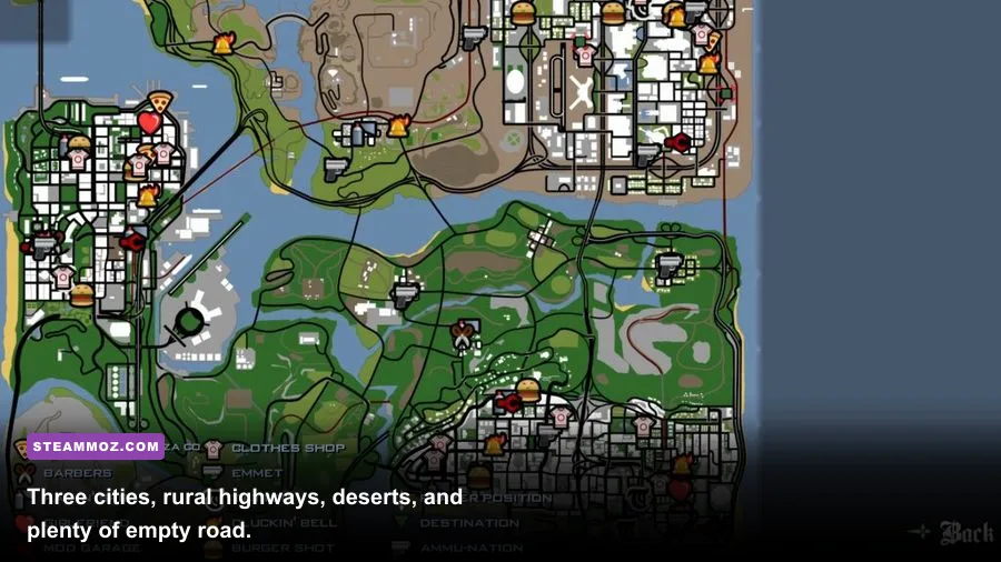 Grand Theft Auto San Andreas map showing Los Santos San Fierro and Las Venturas
