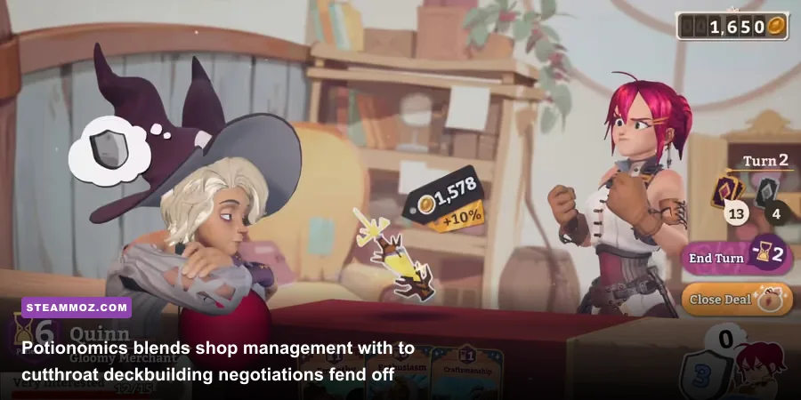 Potionomics haggling gameplay showing customer patience meters and negotiation cards