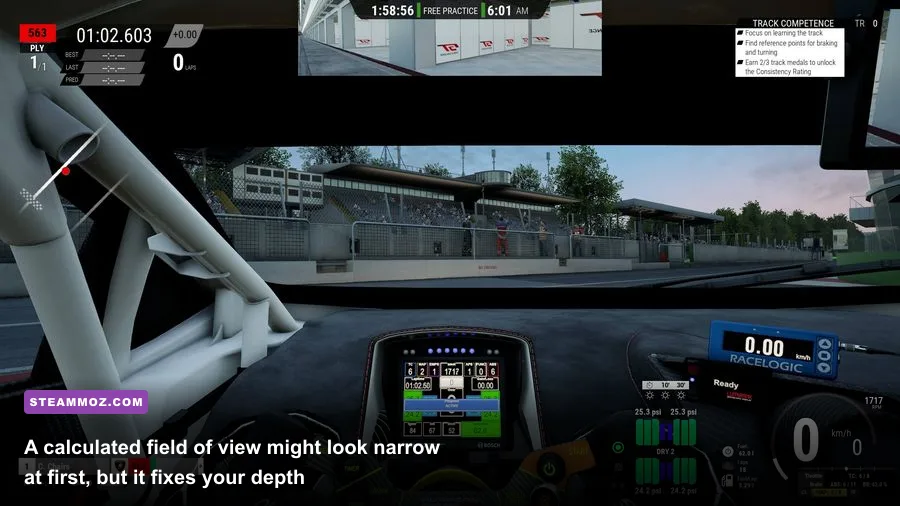 Cockpit camera angle in Assetto Corsa Competizione tuned to correct mathematical FOV