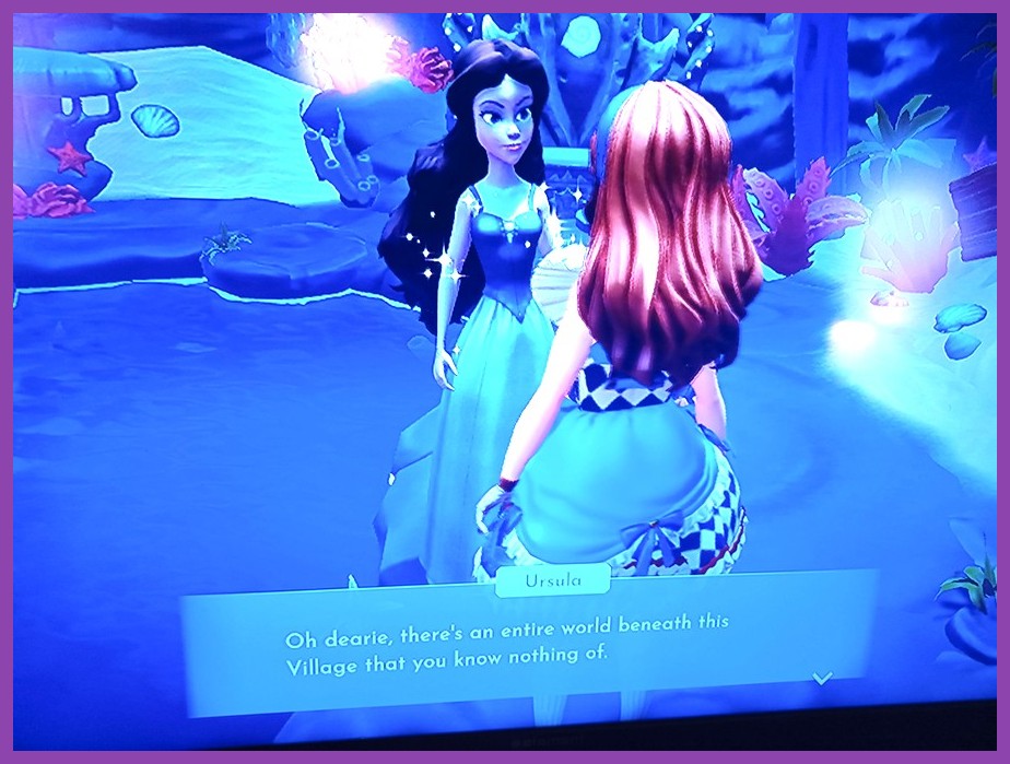 Ariel and Ursula swimming near the beach shore in Disney Dreamlight Valley