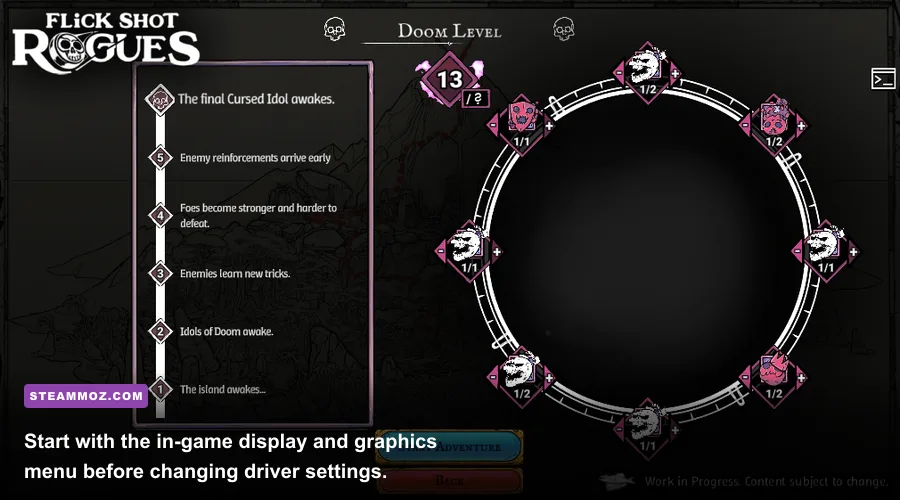 Flick Shot Rogues PC graphics settings menu with performance options