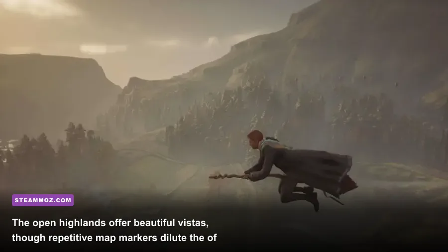 Player flying a broomstick over the Scottish Highlands in Hogwarts Legacy