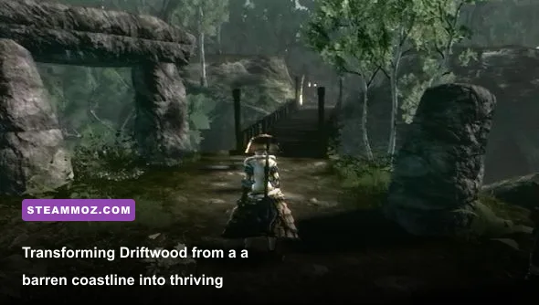 Wooden bridges connecting islands in the completed Driftwood settlement in Fable 3