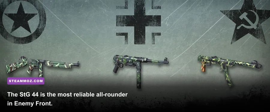 Enemy Front gameplay showing StG 44 and WWII submachine guns