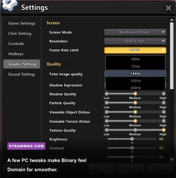 Binary Domain PC graphics settings menu for resolution and performance tuning