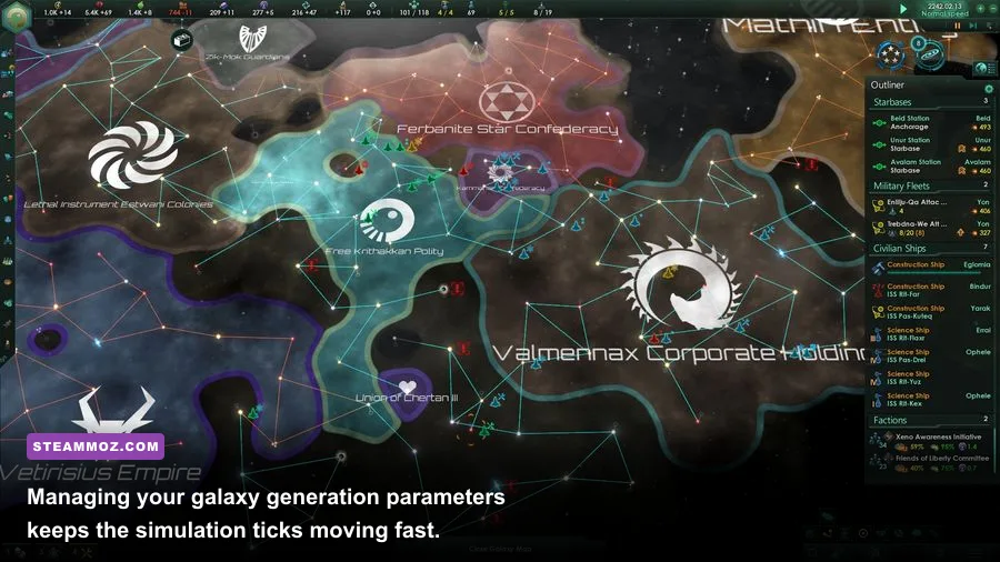 Stellaris galaxy view showing multiple empire borders and hyperlanes