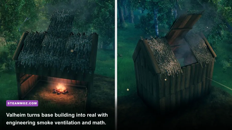 Valheim base building showing structural integrity beams and a working smoke chimney