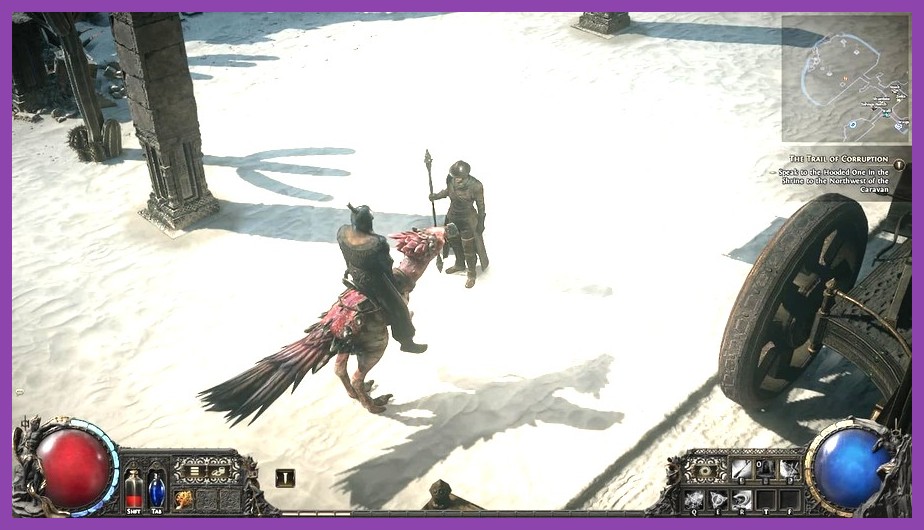 A character riding a fast Rhoa mount through the desert in Path of Exile 2
