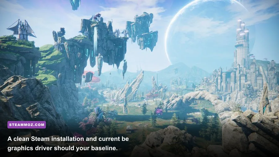 Edge Of Eternity Steam PC gameplay showing a science-fiction fantasy settlement