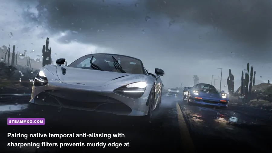 Cockpit interior view of a hypercar on a race track in Forza PC showing temporal anti-aliasing clarity