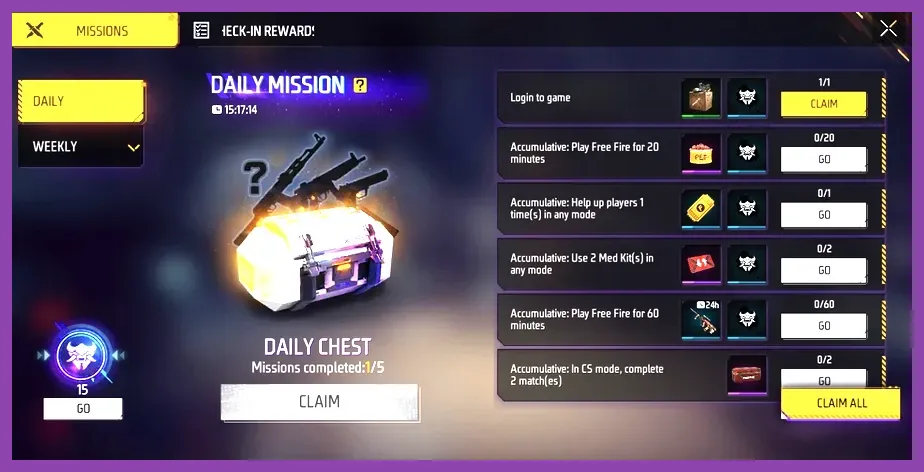Garena Free Fire daily missions dashboard