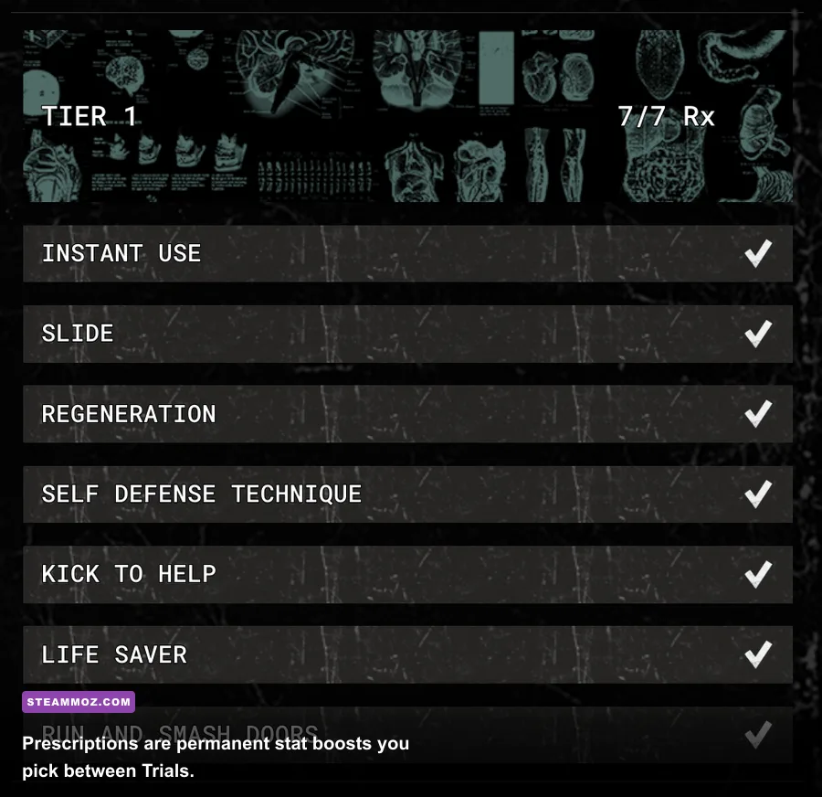 Prescription upgrade menu screen in The Outlast Trials sleep room