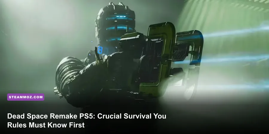 Isaac Clarke aiming his Plasma Cutter down a blood-stained corridor in Dead Space Remake PS5