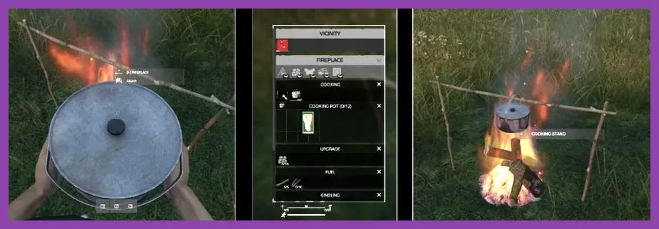 A solo DayZ player cooking hunted meat beside a fireplace in the wilderness