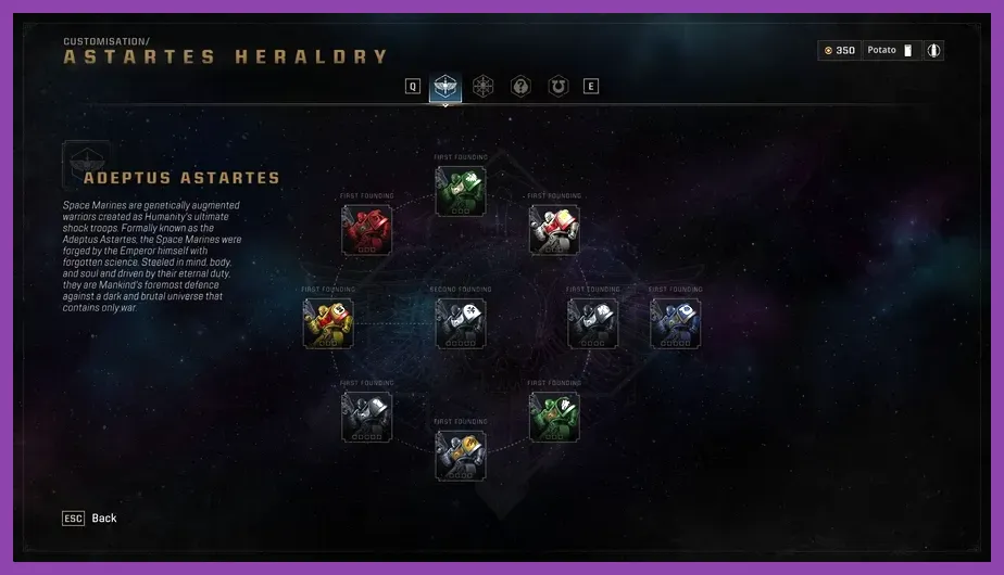 Astartes Heraldry menu displaying Chapter emblems, color schemes, and armor unlocks