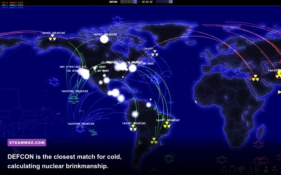 DEFCON world map with nuclear missile trajectories and strategic regions