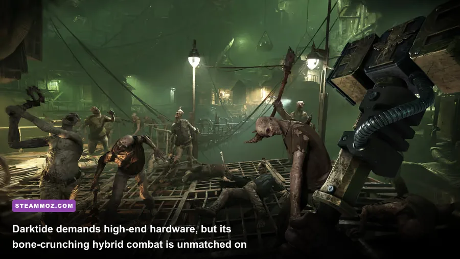 A Zealot swinging an eviscerator chainsword through a horde of infected in Warhammer 40000 Darktide