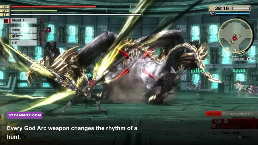 God Eater 2 Rage Burst hunter using a Boost Hammer weapon