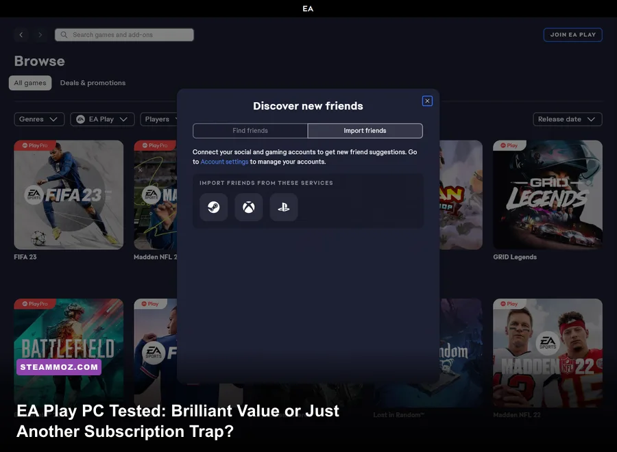 EA Play PC game library interface showing available titles