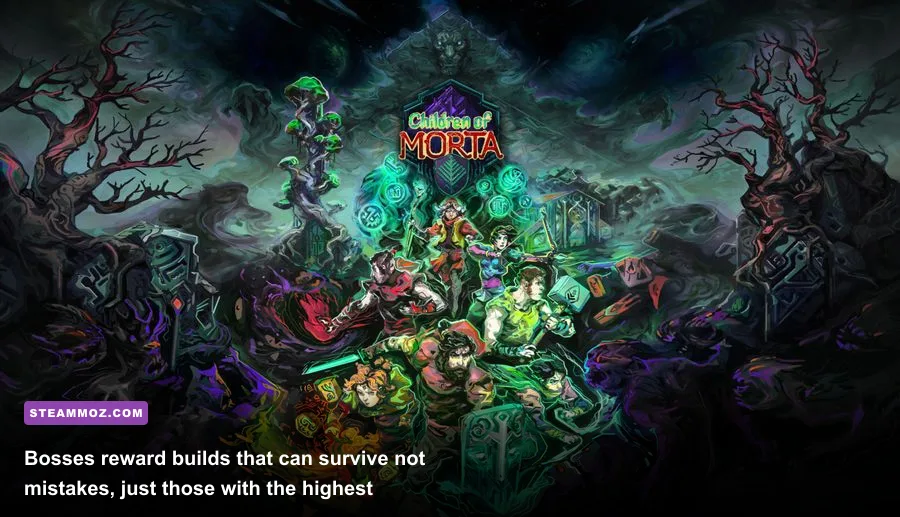 Children of Morta Bergson fighting a dungeon boss with ranged and melee attacks
