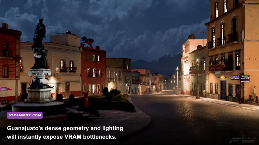 Guanajuato city streets in Forza Horizon 5 with complex lighting and geometry