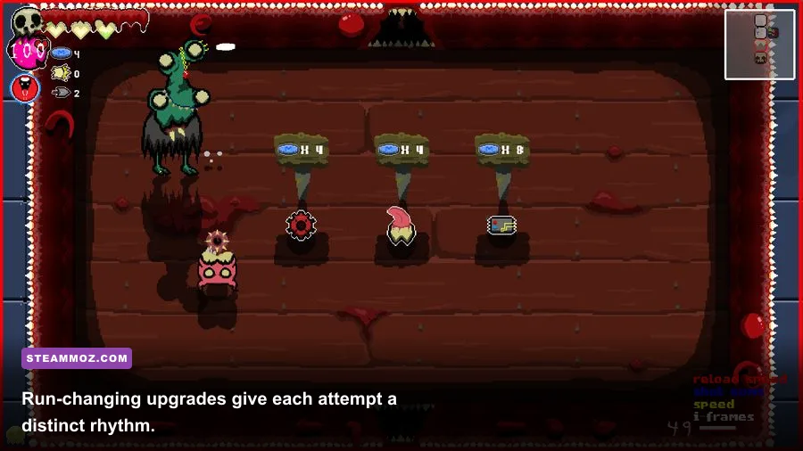 Cavity Busters upgrade and mutation selection screen between combat rooms