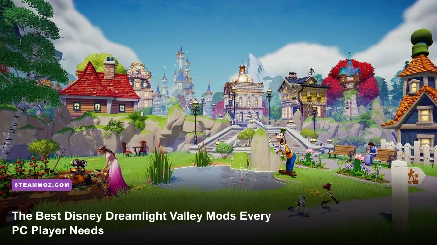 Decorated valley with customized paths and Disney characters in Disney Dreamlight Valley